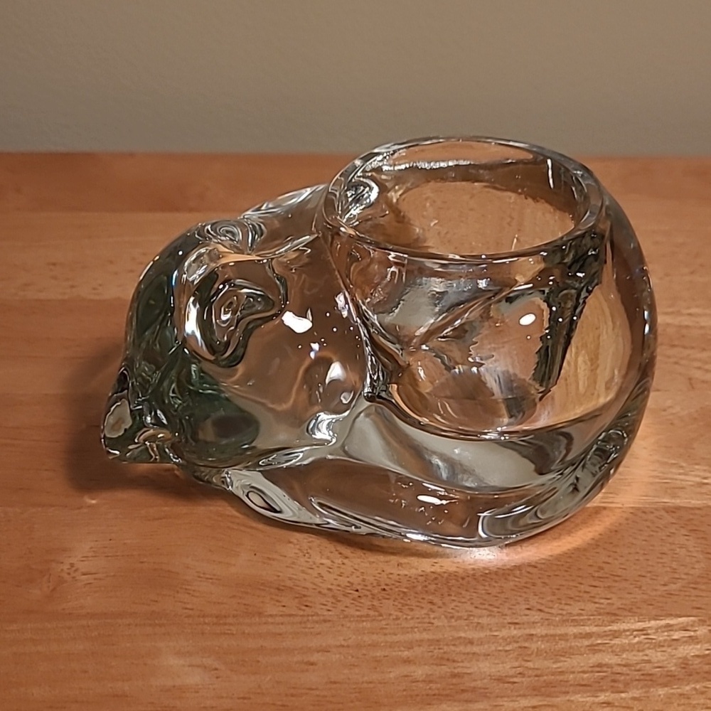 INDIANA GLASS CO. Vintage Clear Glass Sleeping Cat Candle Holder/Paperweight
